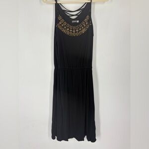 Earthbound Black Viscose Dress W/ Gold Accent Elastic Waist -Size medium